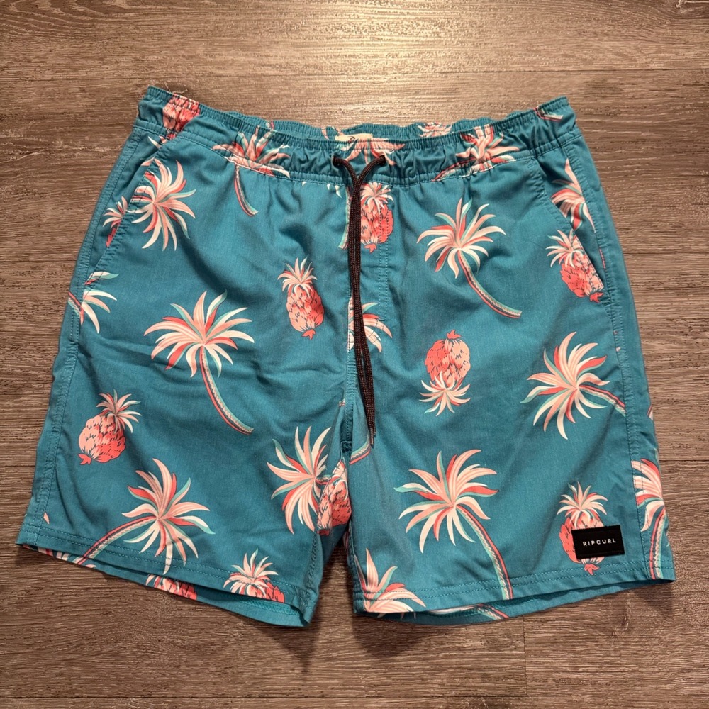 Rip Curl Shorts Mens S Teal Polyester Tropical Pineapple Summer Beach Surfing